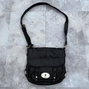 Fossil Long Live Vintage 1954 Black Pebbled Leather Crossbody Messenger Bag